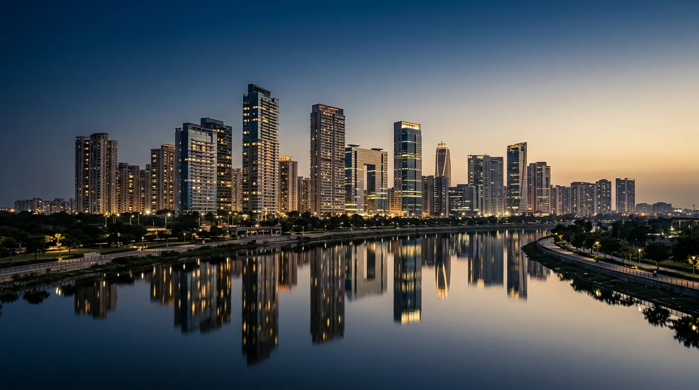 Noida skyline at dusk reflected in the river